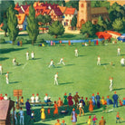 A greeting card featuring a colourful illustration of a cricket match on a village green with many people and spectators.