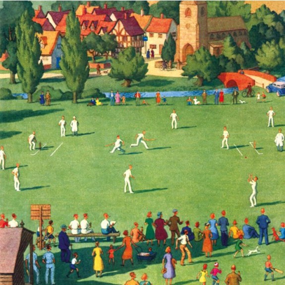 A greeting card featuring a colourful illustration of a cricket match on a village green with many people and spectators.