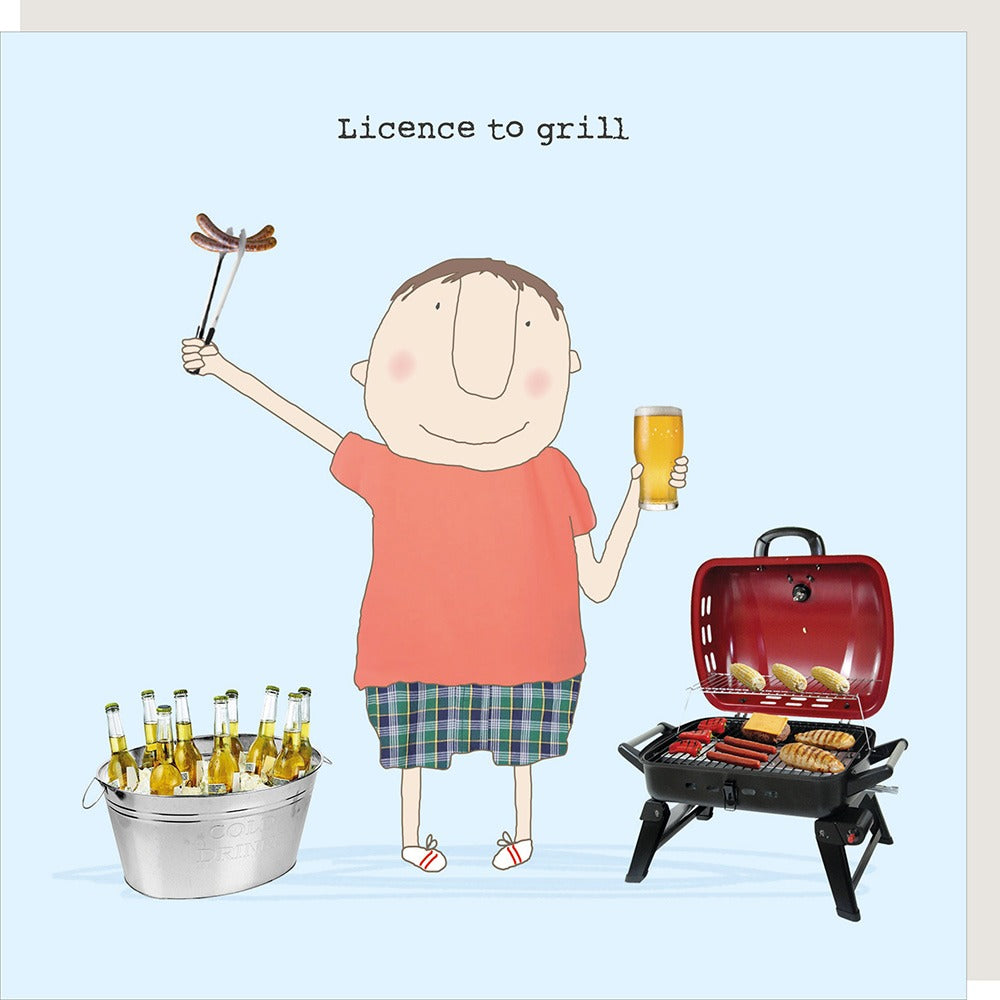Illustration of a person with a grill, beer, and hot dogs on a light blue background.
