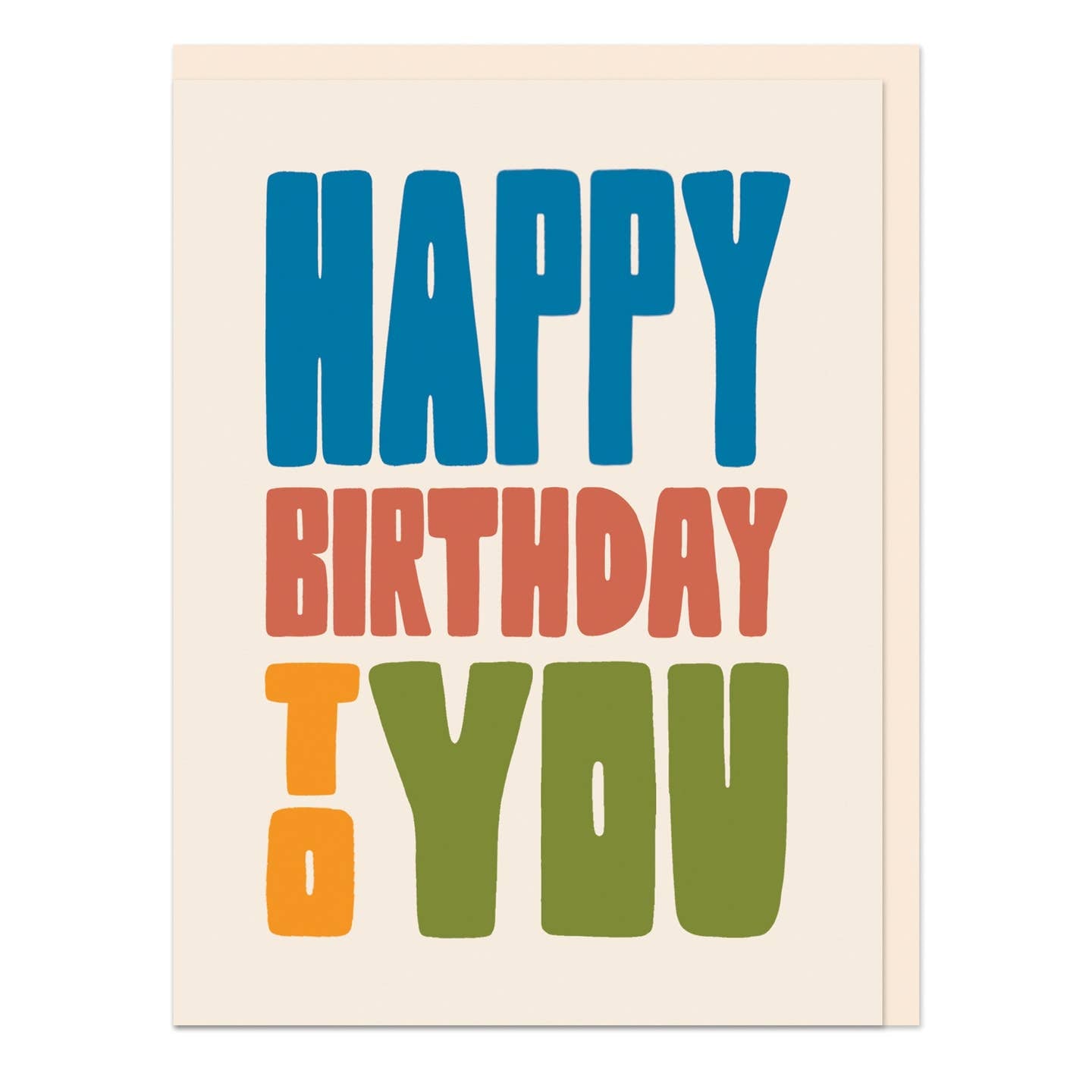 Small card reading Happy Birthday To You in bold text in ocean blue, rust red, mustard yellow and olive green colours. 
