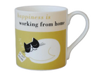 Mug with a cat illustration on a green background and text 'happiness is working from home' shown displayed on a grey background