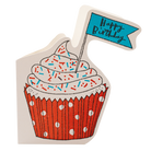 A die-cut birthday card featuring an illustrated cupcake with red polka-dot wrapper, white frosting, and colorful sprinkles, with a small blue flag reading 'Happy Birthday' on a white background.
