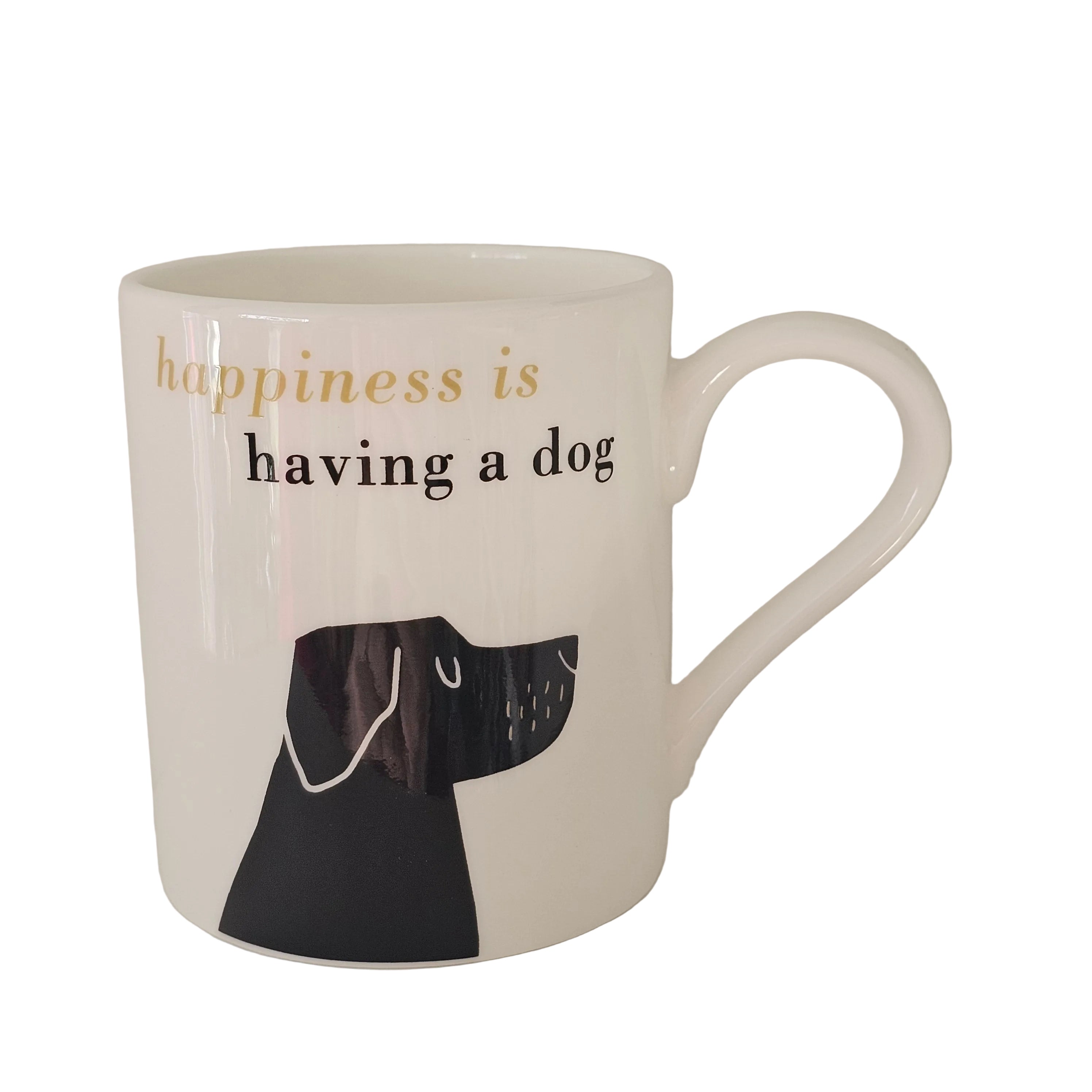 White mug with black and olive green text and black dog illustration