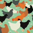 Greetings card featuring artwork of chickens on a green background