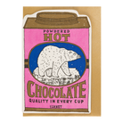 A die-cut card shaped like a hot chocolate carton, shown on a plain tan background. The design has a pink carton face with brown text reading 'Powdered Hot Chocolate' and a central blue oval containing a white polar bear illustration.