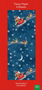Tissue paper packaging with Santa Claus and reindeer design on a blue background, featuring the Museums & Galleries logo.