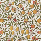 Patterned fabric with fruit and leaf design on a beige background