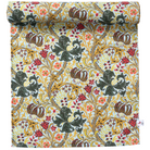 Roll of fabric with intricate floral and leaf pattern on a white background