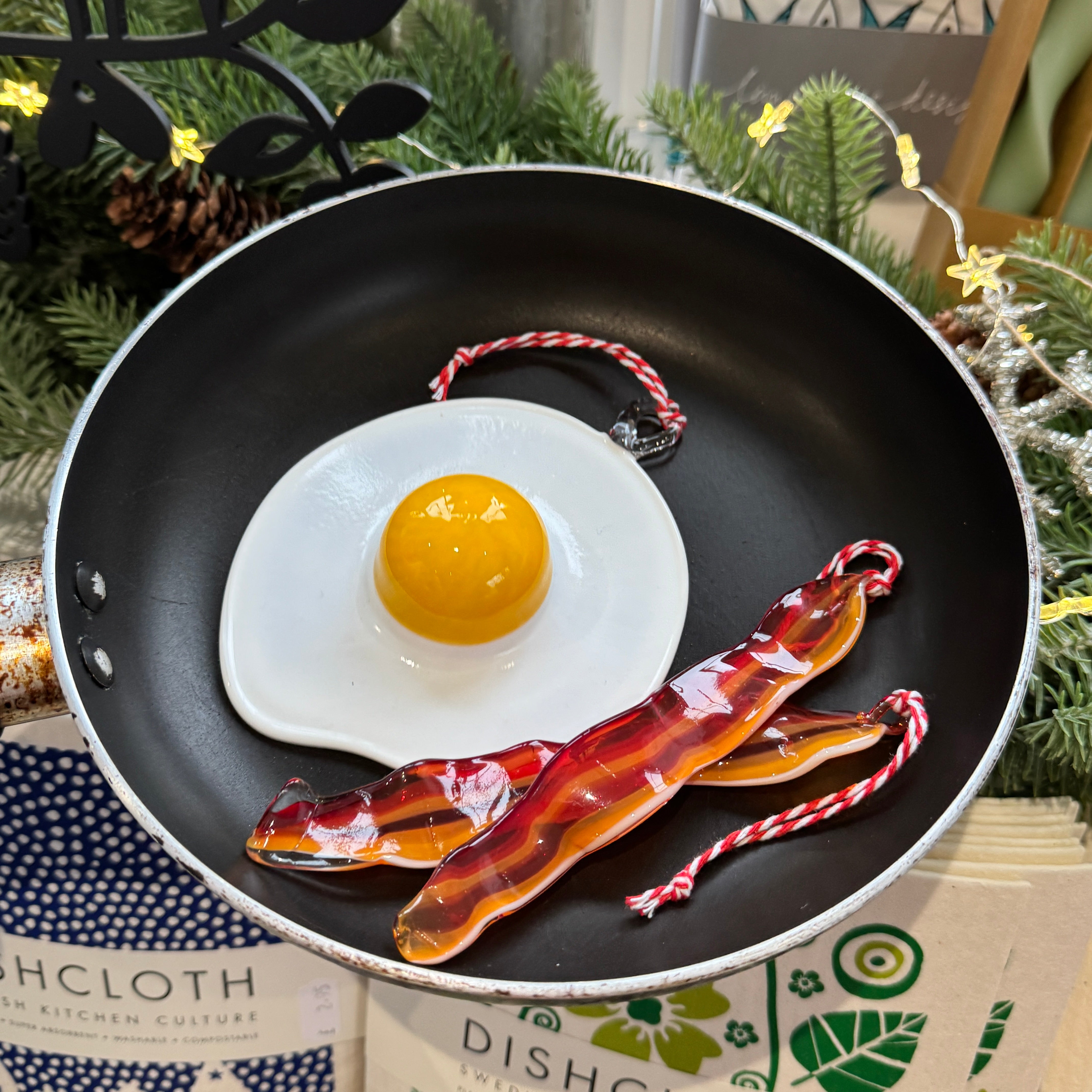 glass egg and bacon decoration 