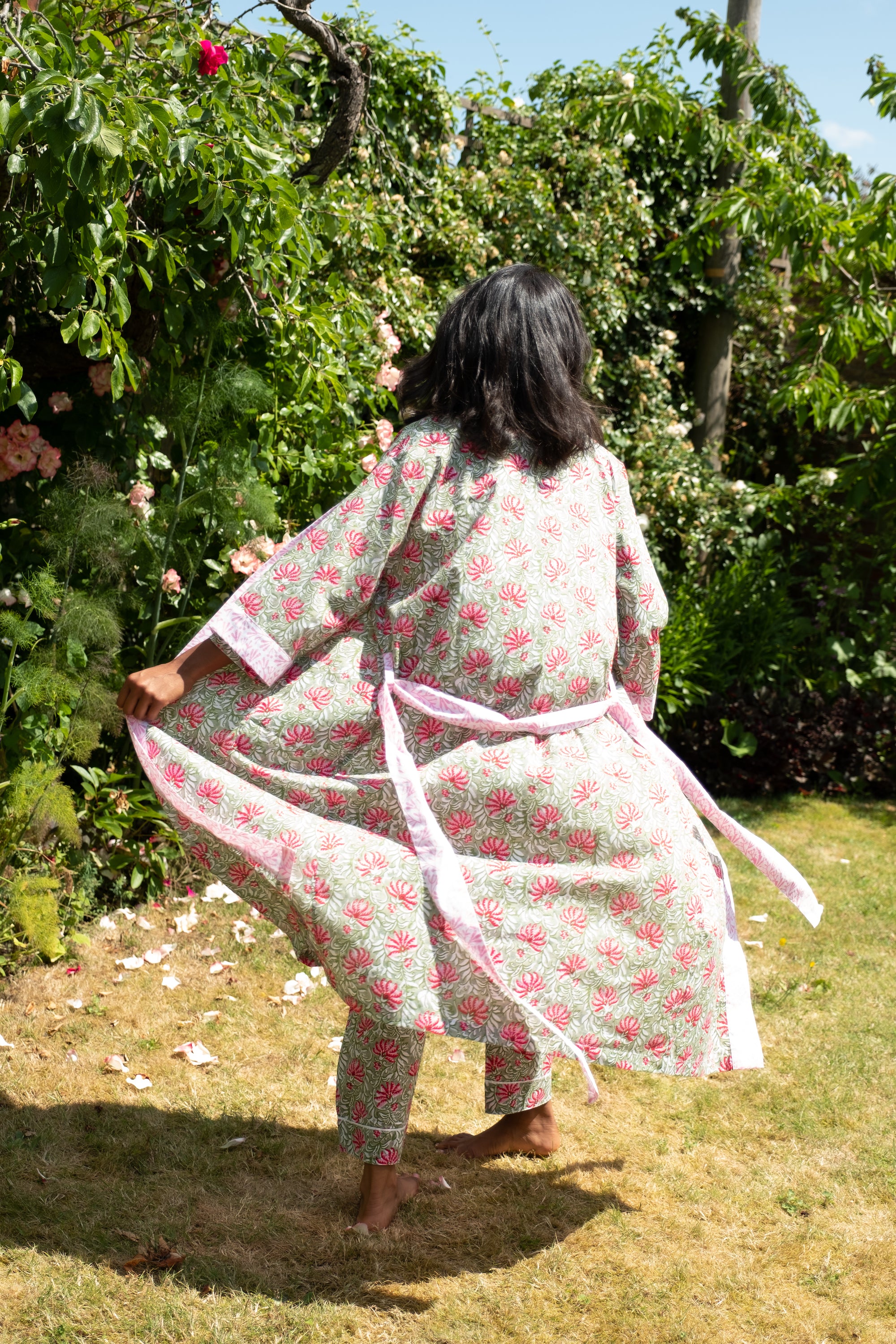 Pink and Green Jaipur Floral Cotton Full Length Kimono