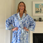 Full Length Cotton Kimono - Large Leaf China Blue