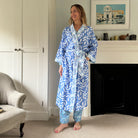 Full Length Cotton Kimono - Large Leaf China Blue