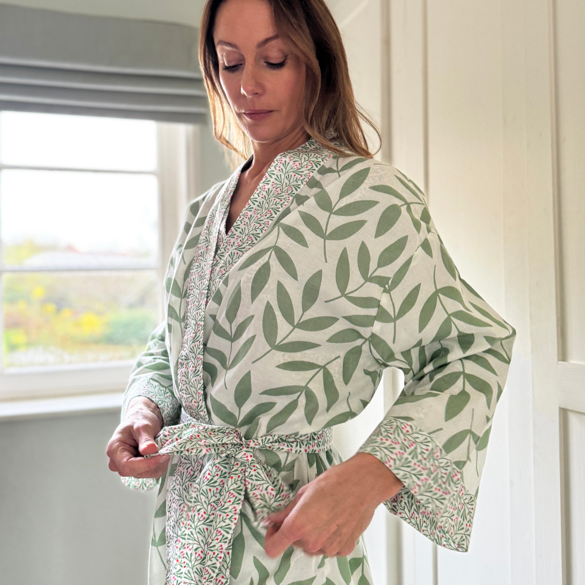 Full Length Cotton Kimono - Large Leaf Green