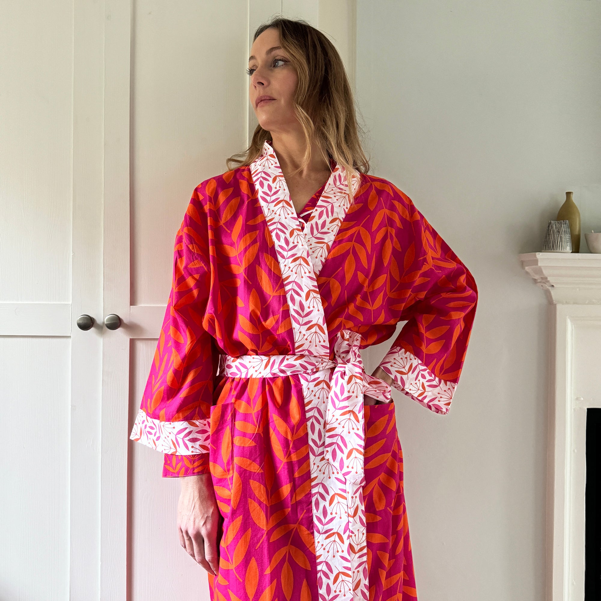 Full Length Cotton Kimono - Large Leaf Magenta & Orange