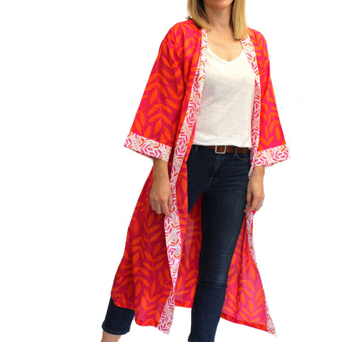 NEW Full Length Cotton Kimono - Large Leaf Magenta & Orange