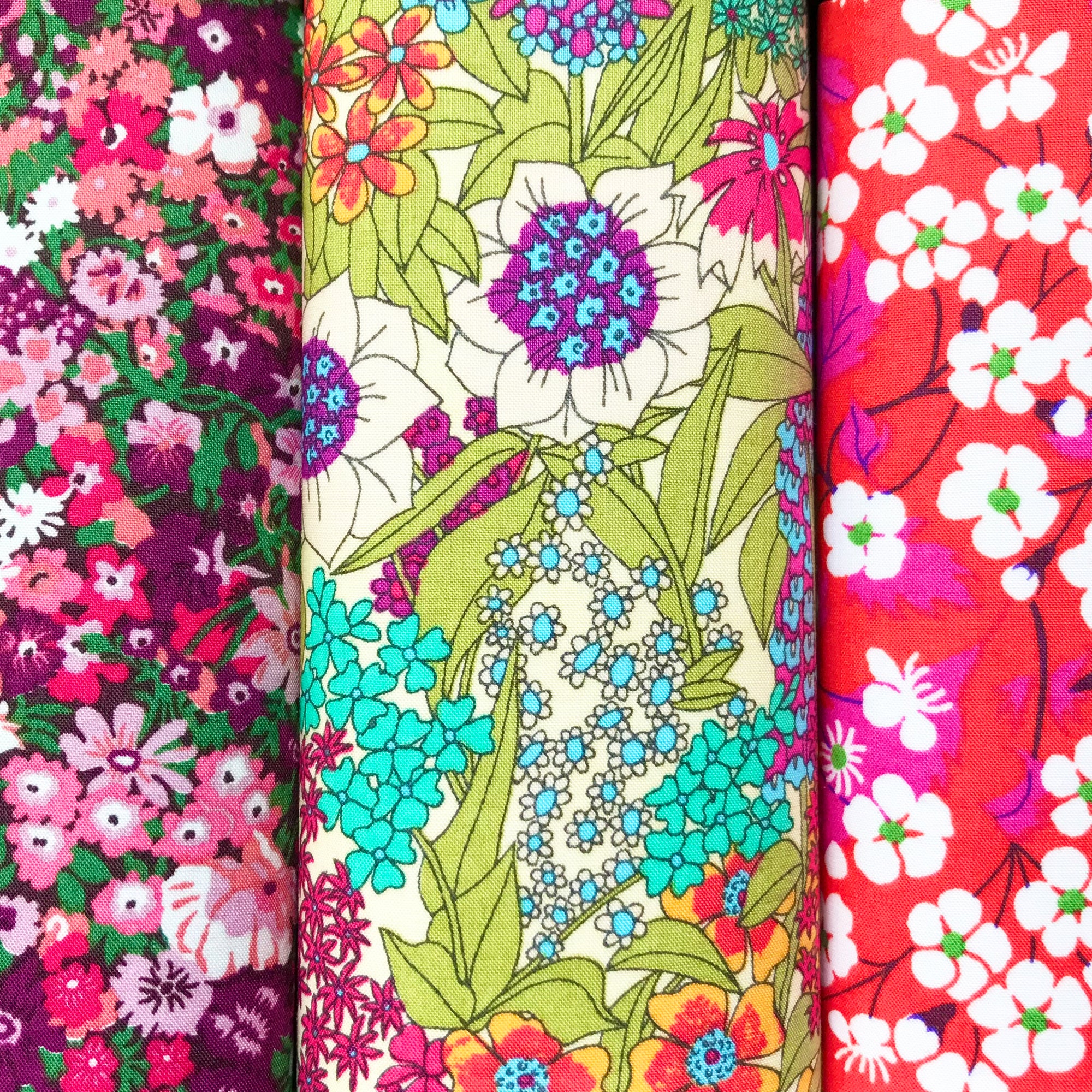 Three bright floral cotton hankies in pink and lime green