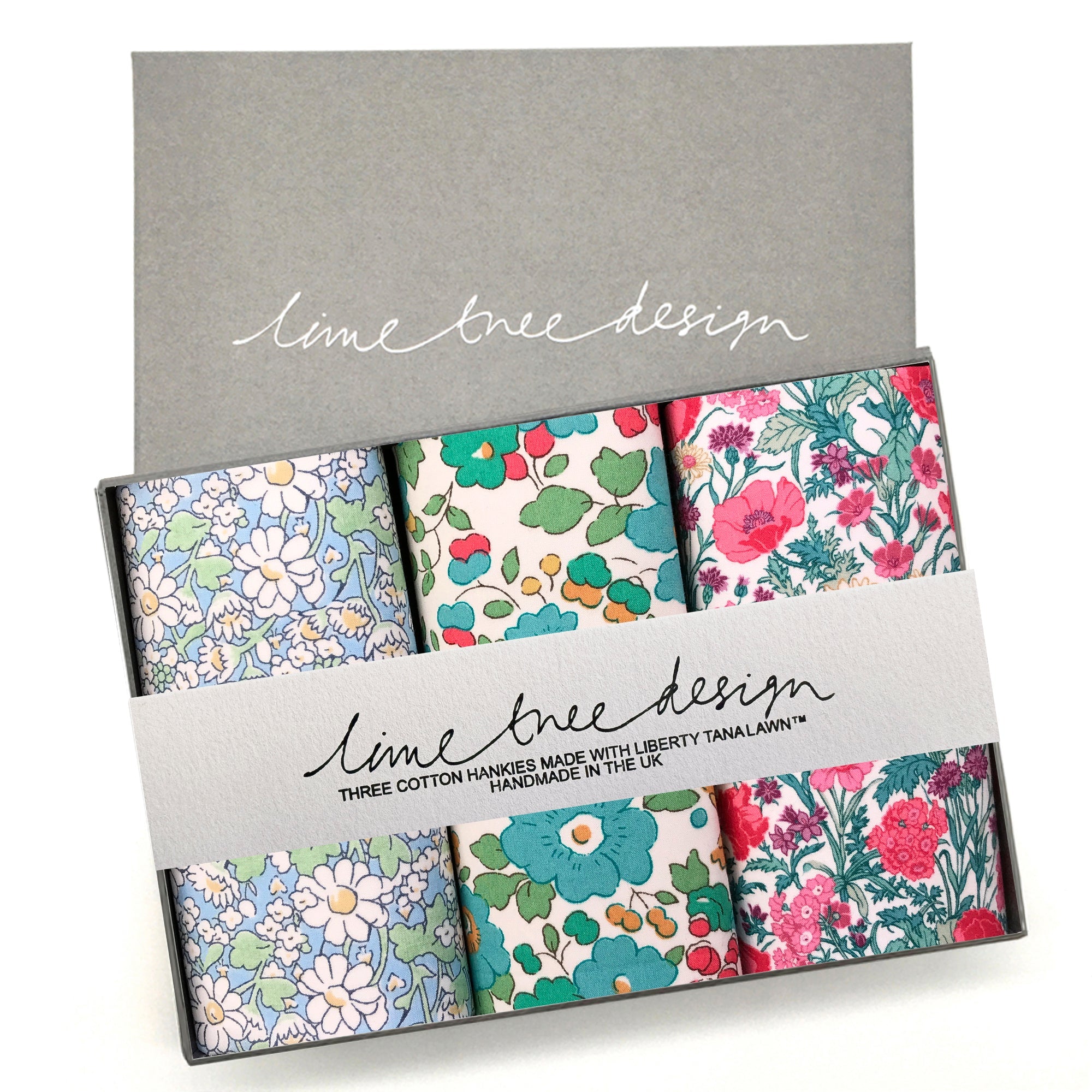 box of 3 hankies made in Liberty cotton pink and green floral design