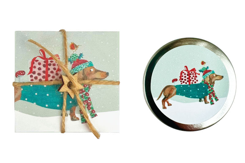Set of Christmas-themed coasters with a dachshund design on a white background