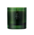 Green glass candle with a bee on a white background