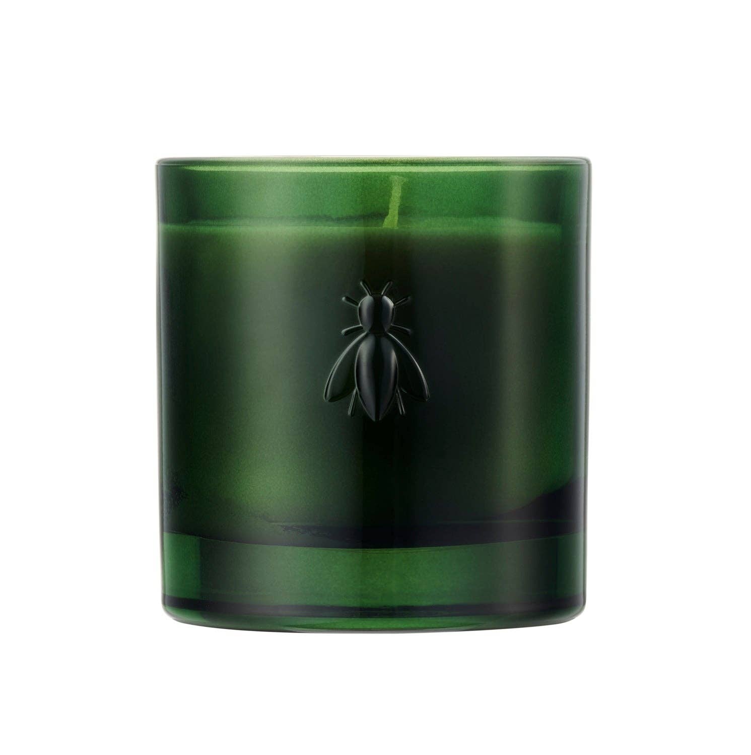 Green glass candle with a bee on a white background