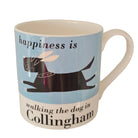 Mug with a dog illustration and text on a light blue background