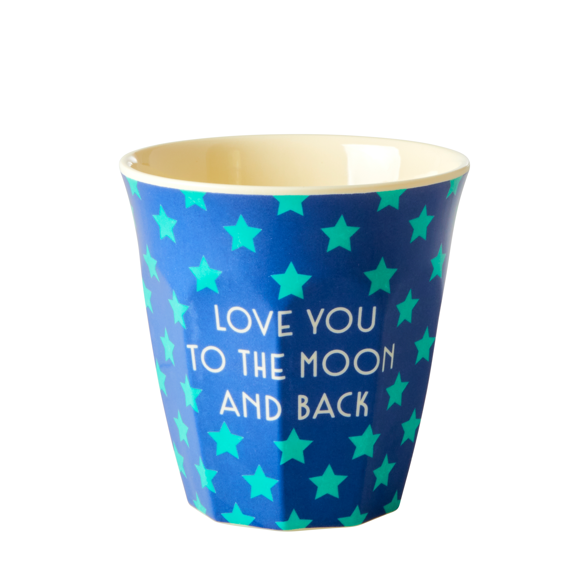 Blue cup with star pattern and 'Love you to the moon and back' text on a white background