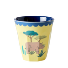 Yellow cup with a rhino and tree design on a white background