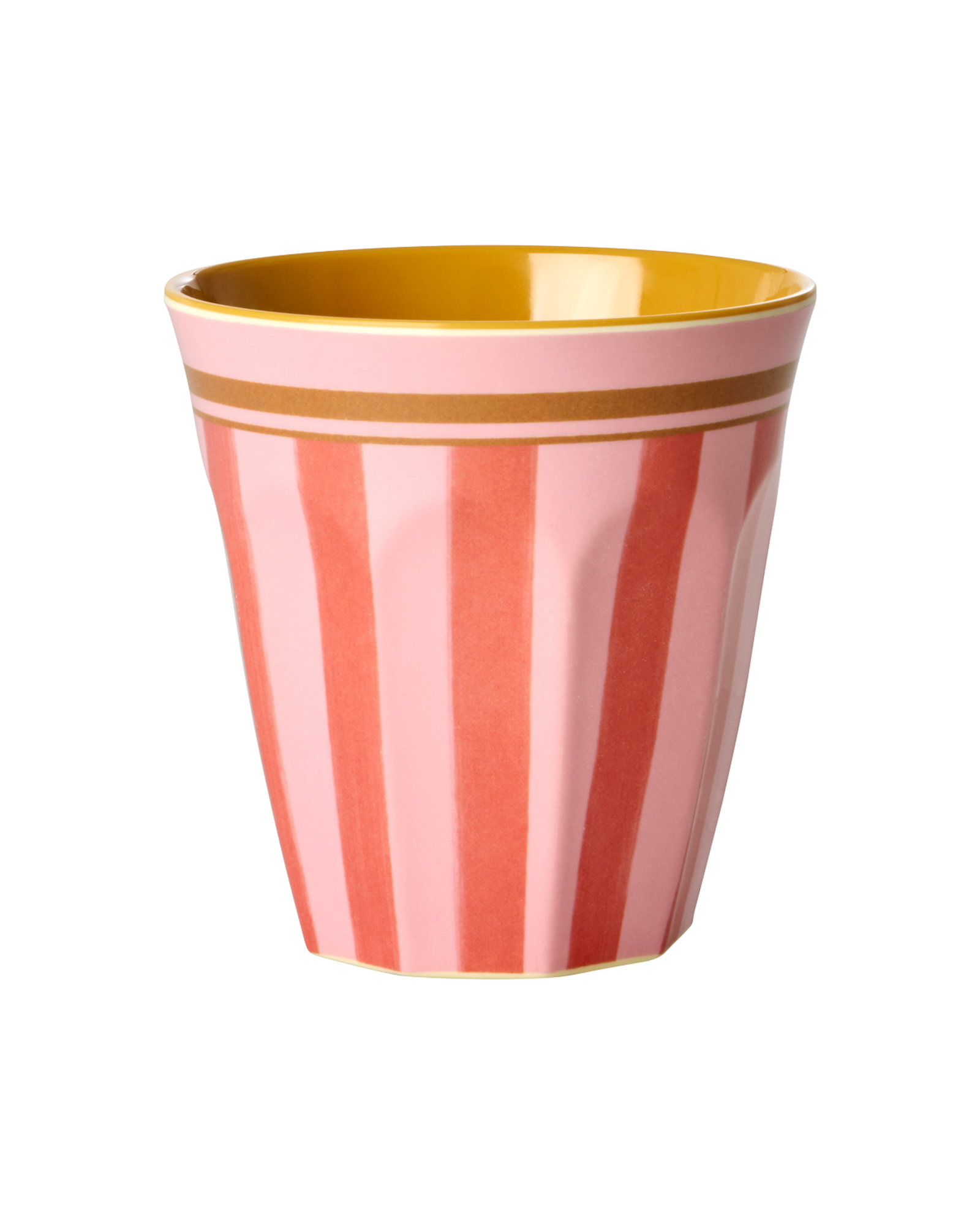 Pink and gold striped cup on a white background