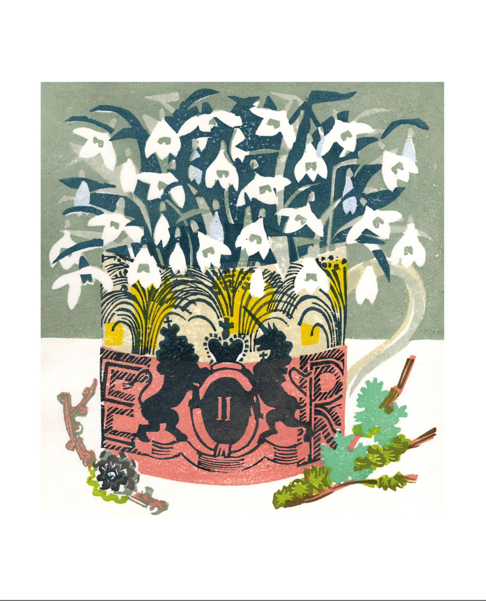 Illustration of a floral design with a pink box and decorative elements on a light green background.