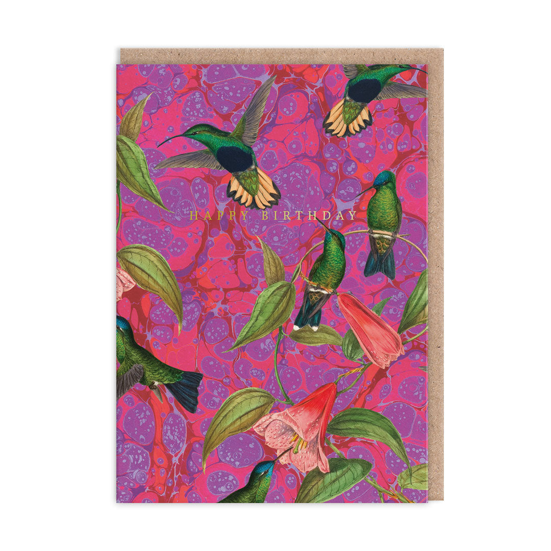 Greeting card with colourful bird and floral design on a pink and purple patterned background