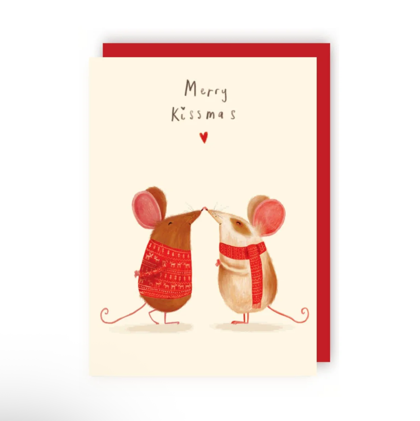 Greetings card reading “Merry Kissmas”  in hand-written lettering above two illustrated mice pressing their noses together in a “kiss”. One mouse is brown and wears a red Christmas jumper and the other is white and brown wearing a red scarf around it’s neck. 