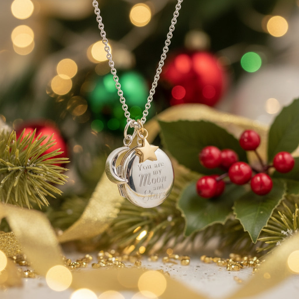 Silver locket with moon, star, and engraved text on a white background