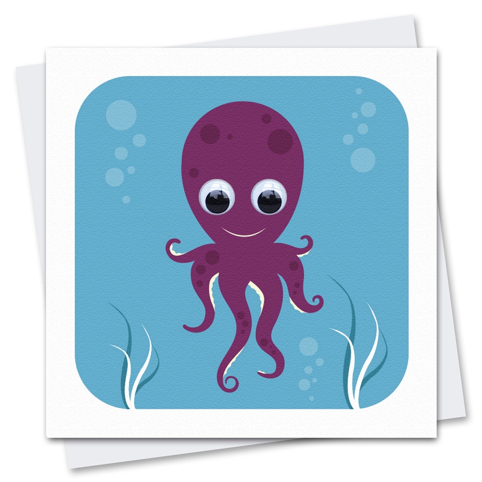 Illustrated greeting card featuring a purple octopus with googly eyes on a blue background with a white border. 