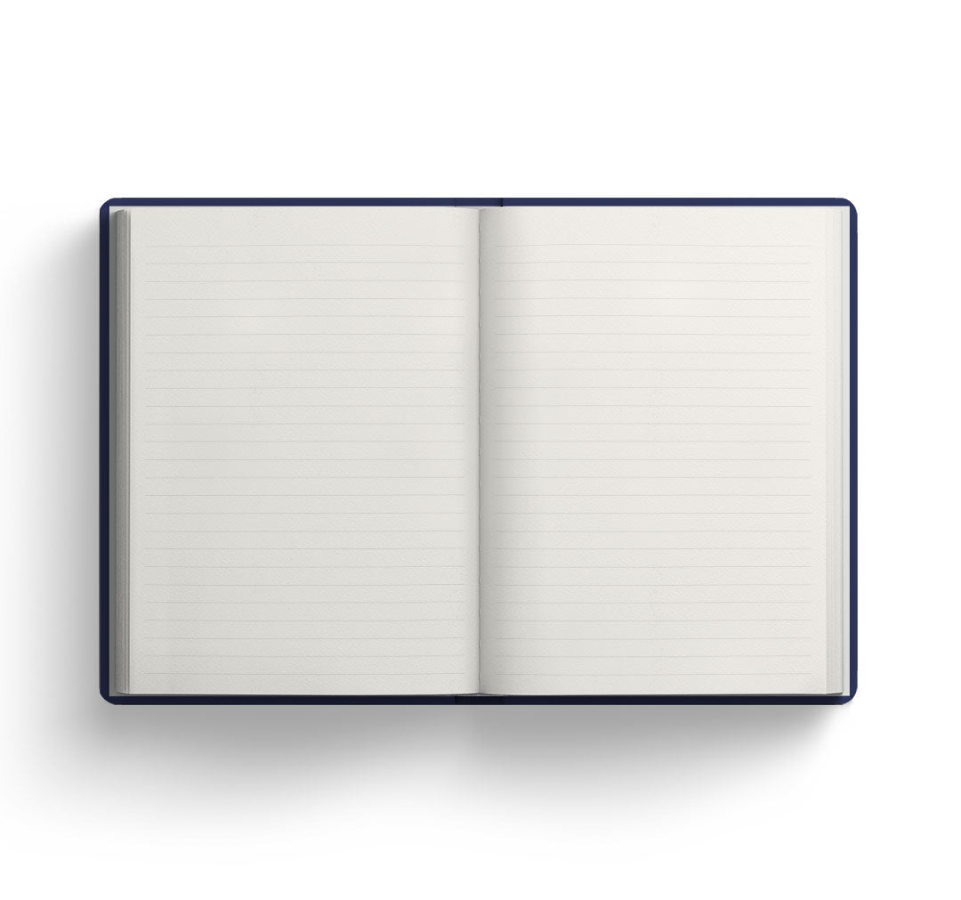 Open notebook with lined pages on a white background