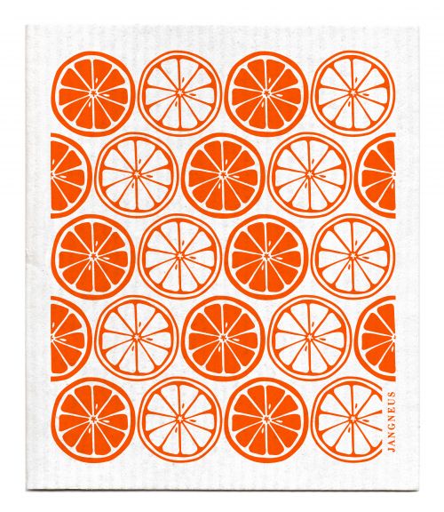 Orange slices print on white dishcloth featuring ‘jangneus’ branding