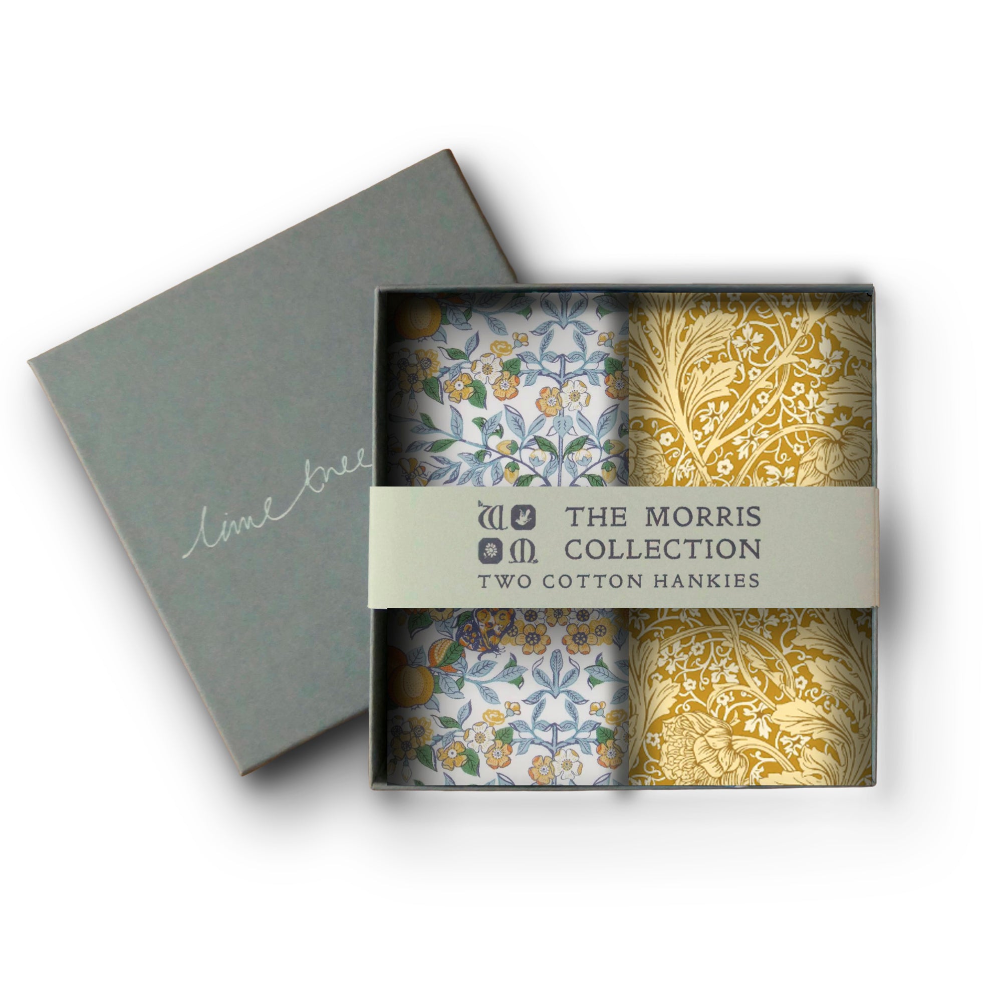 Two cotton hankies in a box with 'The Morris Collection' branding on a white background