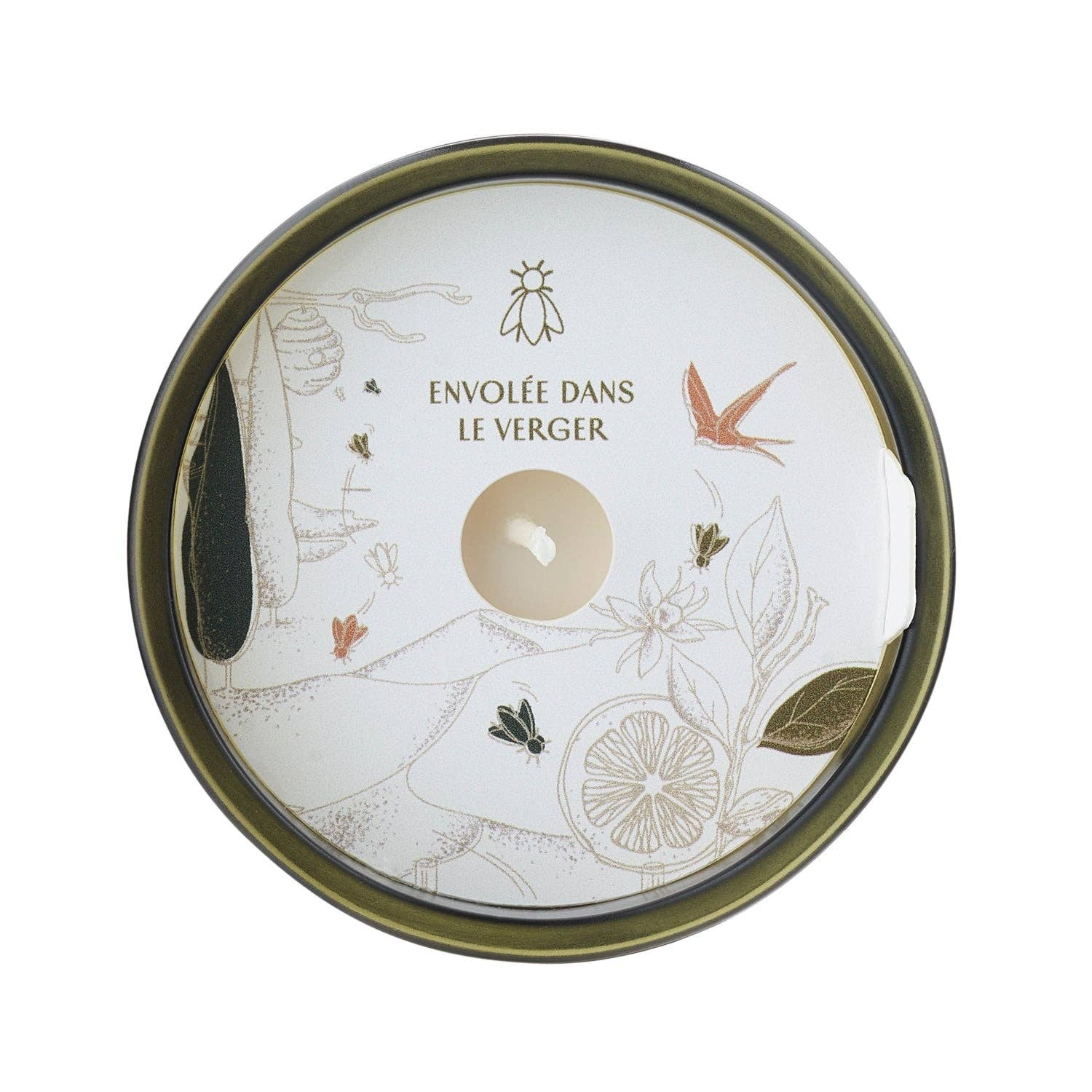 Round glass with decorative lid featuring illustrations and text on a white background
