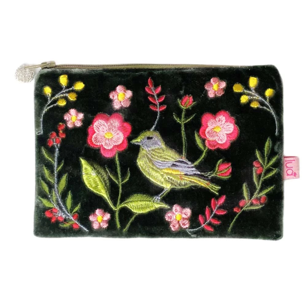 Velvet Coin Purse Dark Sage Greenfinch & Flowers