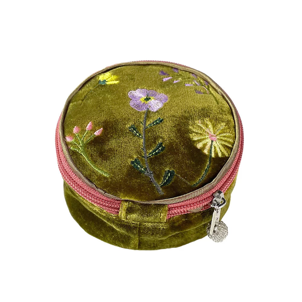 Velvet Jewellery Round Purse Wild Flowers: Gold Olive