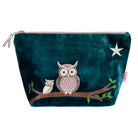 A dark teal velvet zippered pouch featuring an embroidered design of two owls on a branch with green leaves and a silver glitter star.