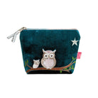 A teal velvet zippered pouch featuring embroidered owls on a branch, a silver glitter star, and a pink brand tag reading 'Lulu'.