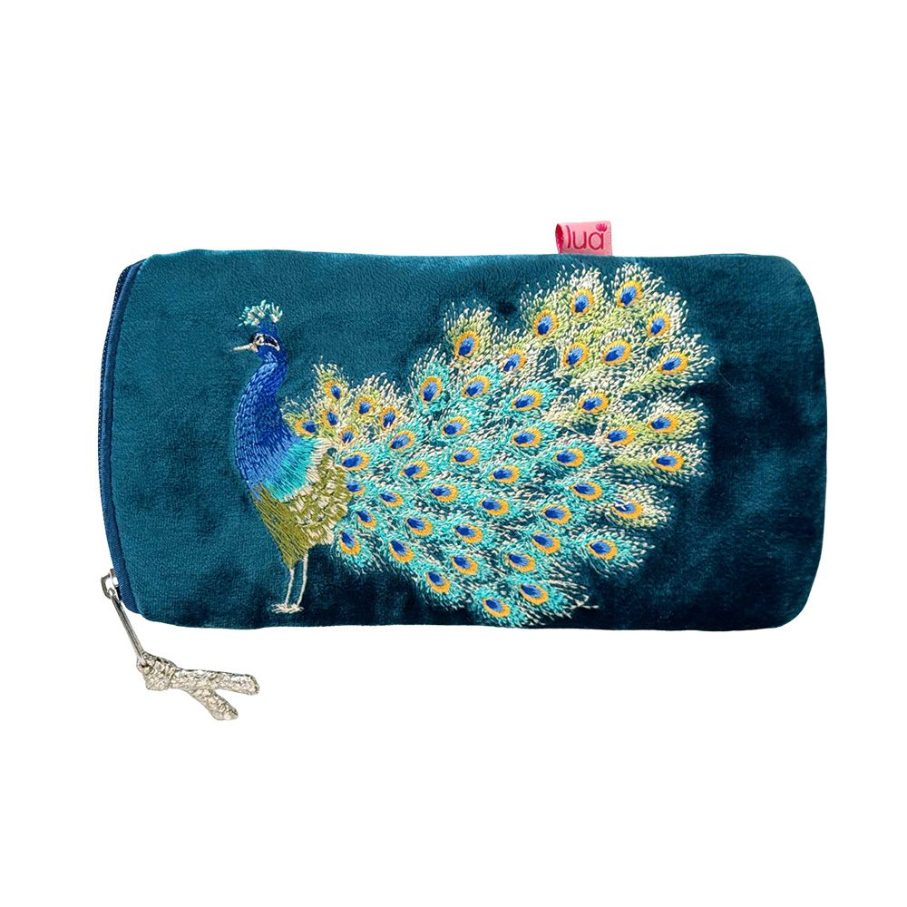 Blue pouch with peacock design and 'HUD' brand logo on a white background