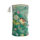 Embroidered pouch with a bird and floral design on a green background