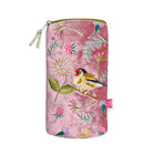 Pink pouch with embroidered birds and flowers on a white background