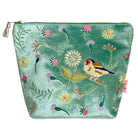 Embroidered pouch with floral and bird design on a light green background