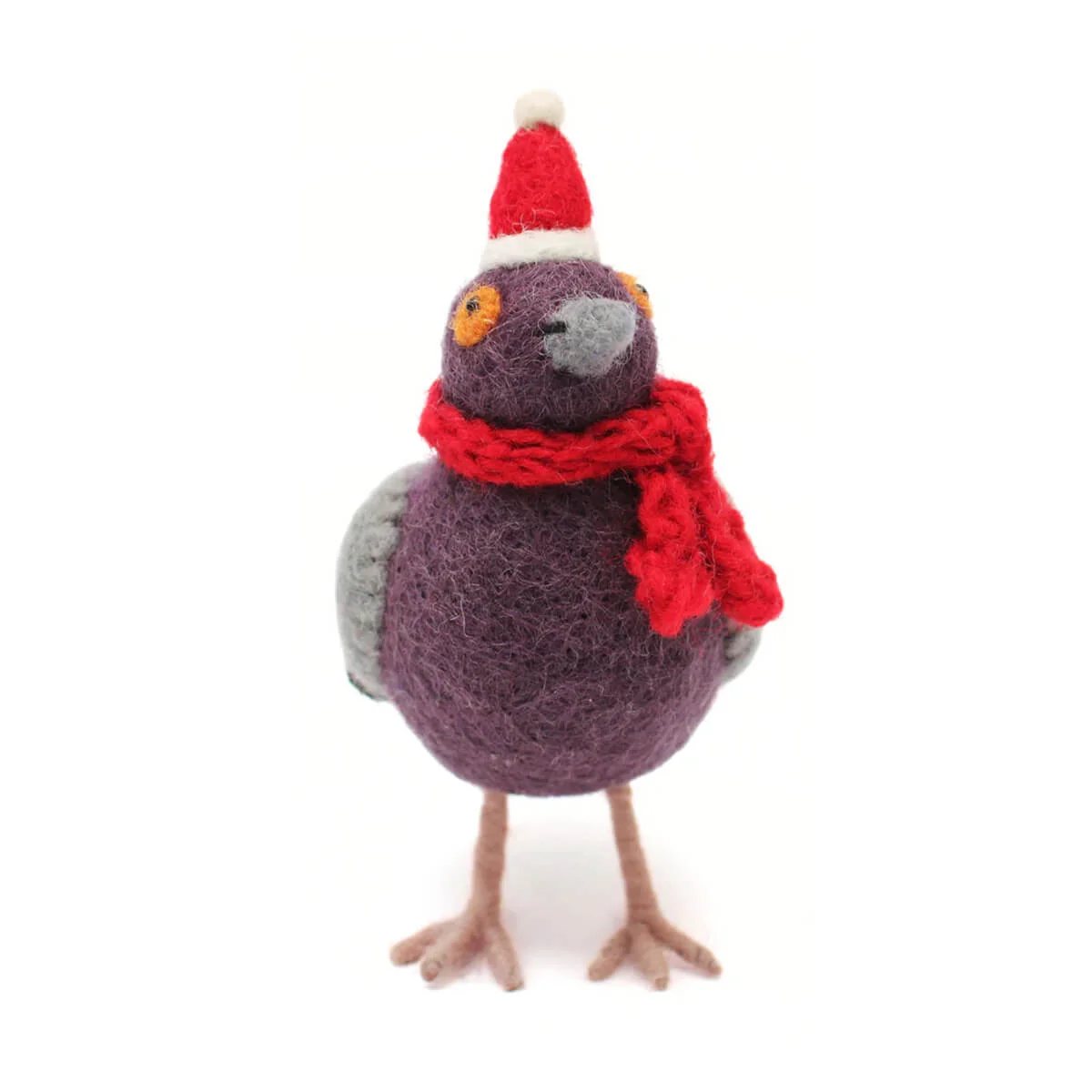 A handmade felt bird decoration wearing a red Santa hat and a red knitted scarf, standing against a plain white background.