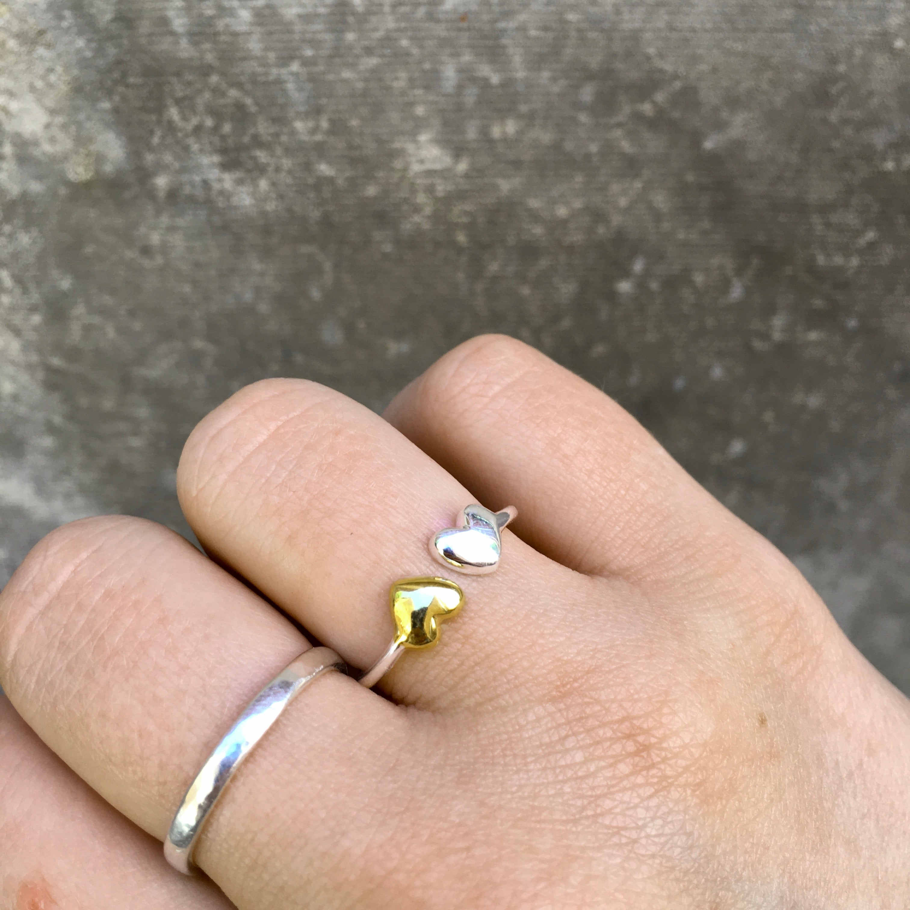 Adjustable Double Heart Charm Ring Sterling Silver and Gold Vermeil