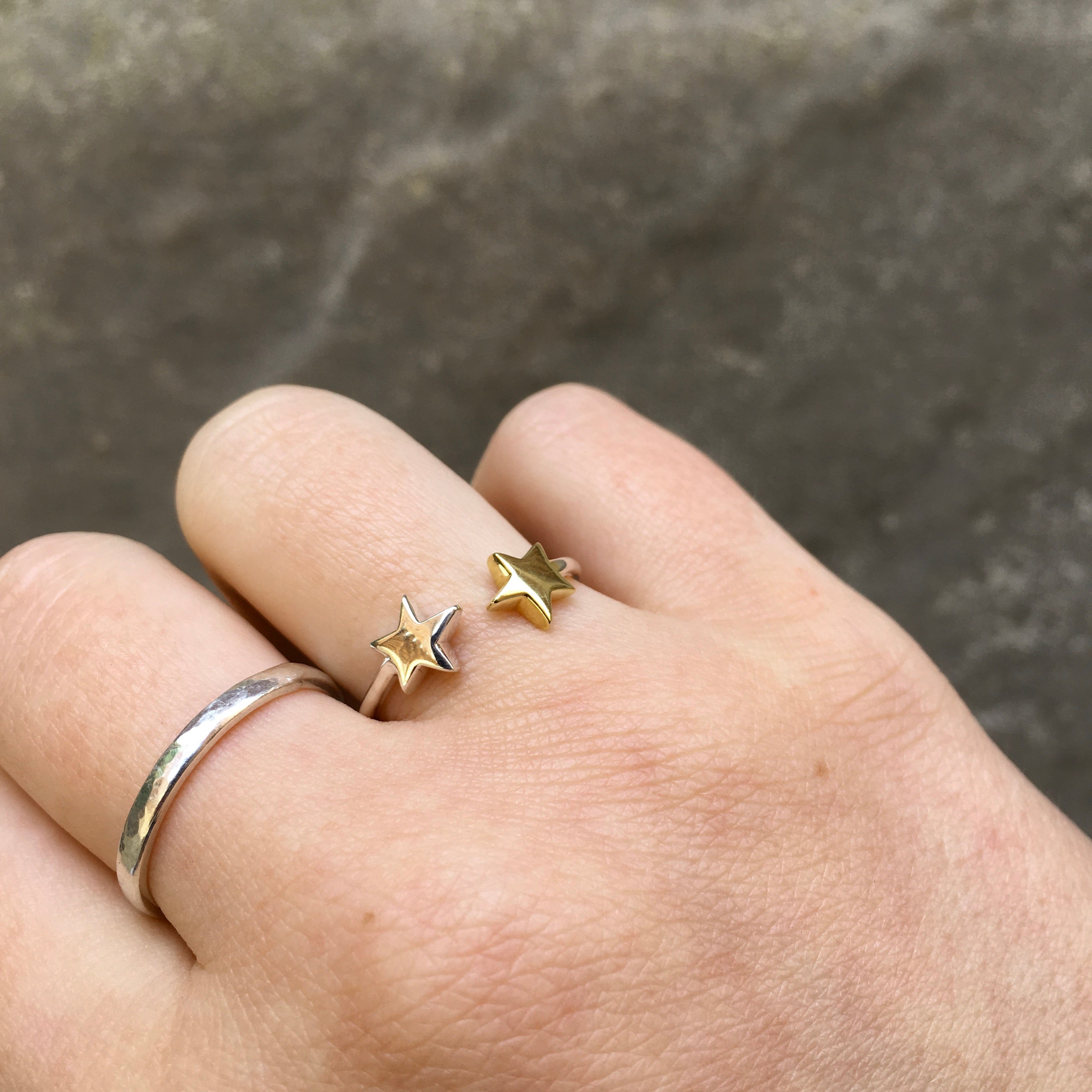 Adjustable Double Star Charm Ring Sterling Silver and Gold Vermeil