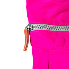 Close-up of a pink jacket with a zipper and brown leather pull tab on a white background