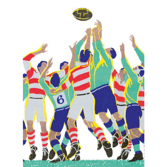 Illustrated greetings card featuring colourful artwork depicting a rugby match.